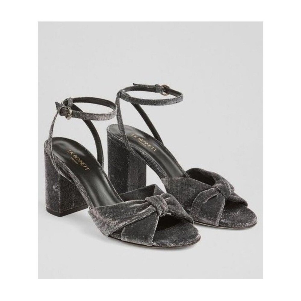 New LK Bennett Lucie Block Heel Sandals in Gunmetal Fabric Size 39 / US 9